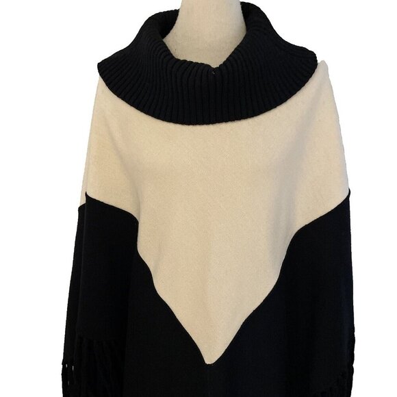 Fiore Bella Cowl Neck Poncho Women's M Cream/Black Merino Wool Blend Fringe Boho - Picture 2 of 10